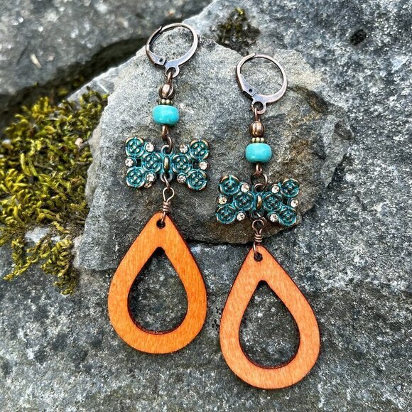 Boutique Jewelry - Boho Wood Teardrop Earrings with Patina Bow Dangle